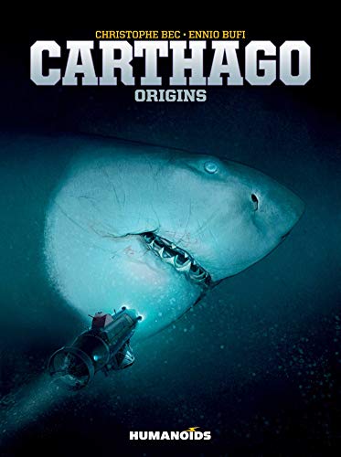 Book cover: underwater scene with a shark and small submersible.