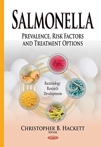 Book cover for “Salmonella” showing bacteria, food, and petri dishes.