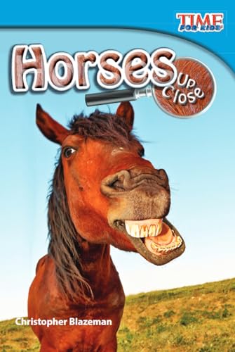 Close-up of a brown horse smiling, with text “Horses Up Close.”