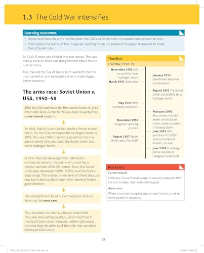 Textbook page about the Cold War arms race, including a timeline and key terms.