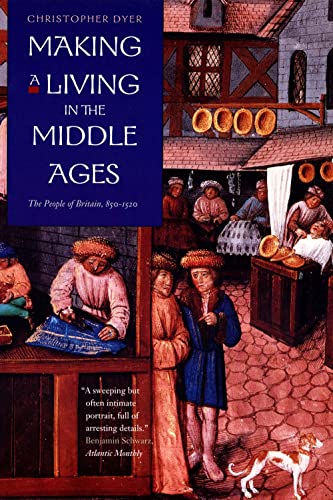 Book cover showing a medieval market scene with people working and a small dog.