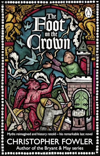 Stained glass style book cover showing a red demon, knights, and a person reaching out.