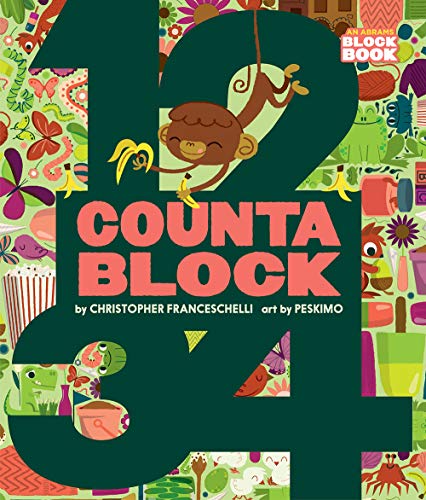 Green number 4 shaped book cover with a monkey and colorful patterns.