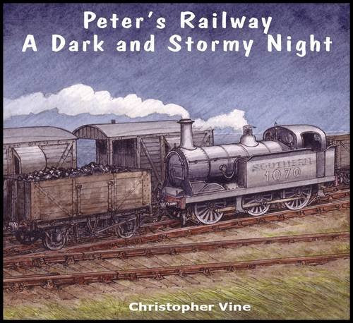 Vintage steam train on railway tracks under a cloudy, stormy sky.