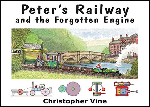 Book cover: Peter's Railway with a steam train, bridge, and mechanical diagrams.