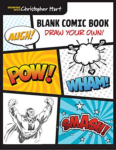 Blank comic book cover with action words and sketched superhero figures.