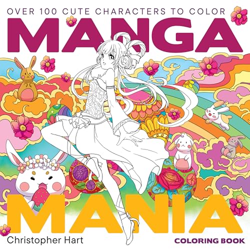Manga Mania coloring book cover with anime girl, flowers, and rabbits.
