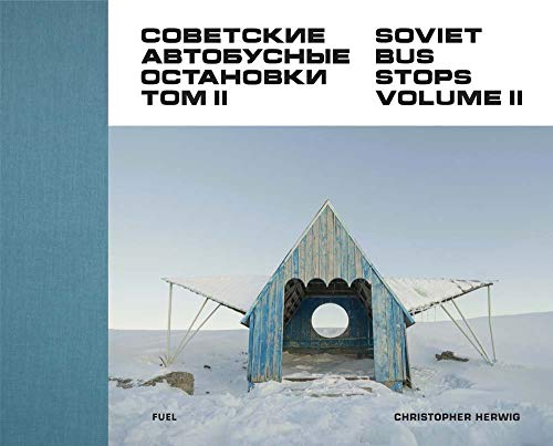 Photograph of a Soviet-era bus stop on a white background with descriptive text overlay.