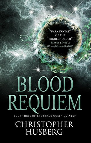Book cover: dark, swirling nebula with central glowing orb and bold title "BLOOD REQUIEM".
