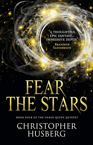 Book cover with gold text, swirling nebula, and a quote from Brandon Sanderson.