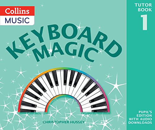Keyboard Magic" tutor book cover with piano keys and rainbow arc.