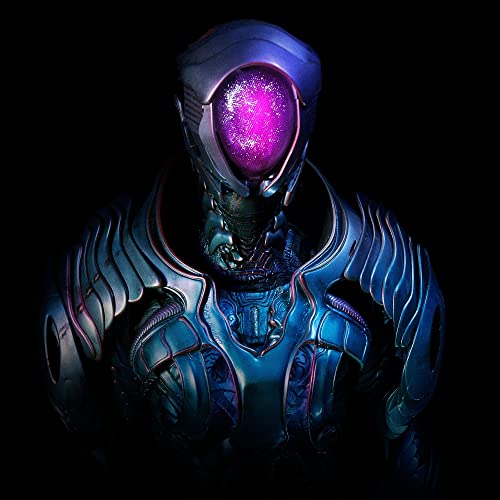 Robot head with glowing purple eye, dark and textured detail.