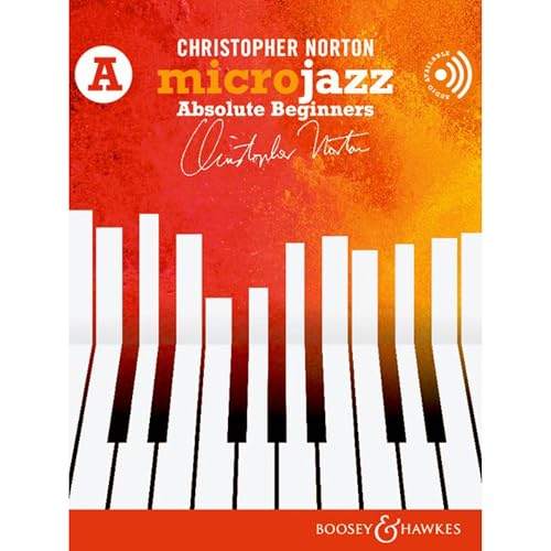 Red and orange piano tutorial book, "Microjazz Absolute Beginners.