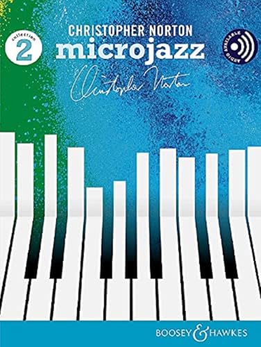 Microjazz Collection 2" book cover with piano keys and blue watercolor background.