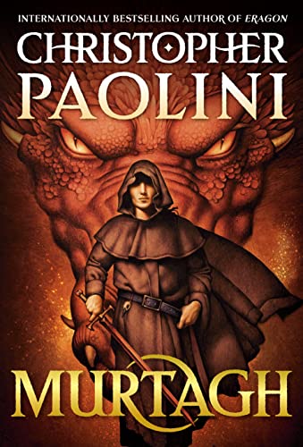 Book cover: Murtagh, a hooded figure, with a large red dragon behind him.