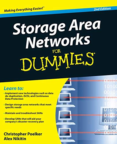 Book cover: "Storage Area Networks For Dummies," 2nd Edition, with binary code.