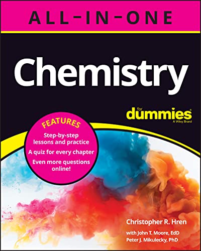 Book cover for "Chemistry All-in-One For Dummies" with colorful liquid swirl.
