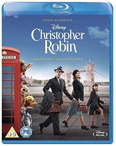 "Blu-ray cover featuring Winnie the Pooh sitting with hat, umbrella, and suitcase."