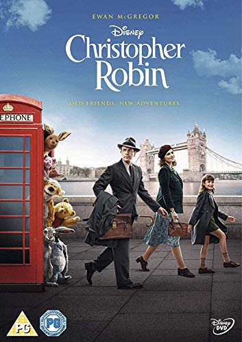 "Christopher Robin DVD cover featuring Winnie the Pooh in a hat and holding an umbrella."