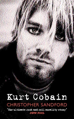 Black and white portrait of Kurt Cobain, book cover with red text.