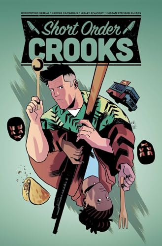 Comic book cover: man with cooking tools and a fallen figure.