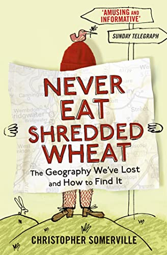 Book cover: "Never Eat Shredded Wheat" with illustrated map and hiker.