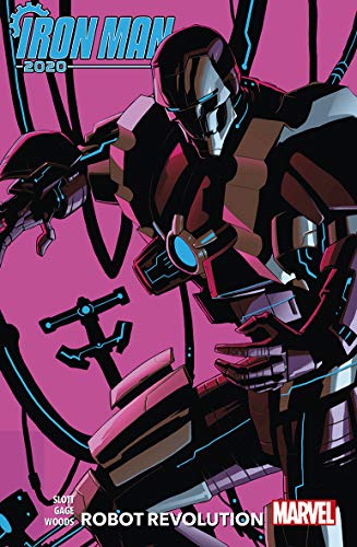 Iron Man in futuristic armor, comic book cover, pink and black tones.