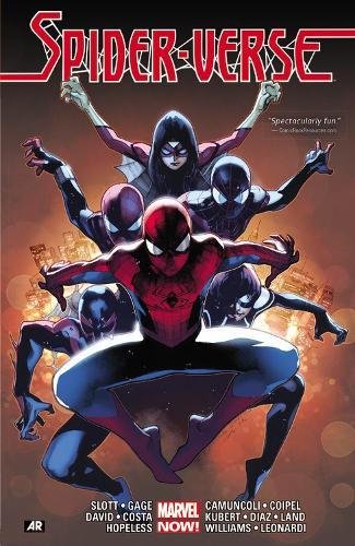 Multiple Spider-People in dynamic poses against a city backdrop.
