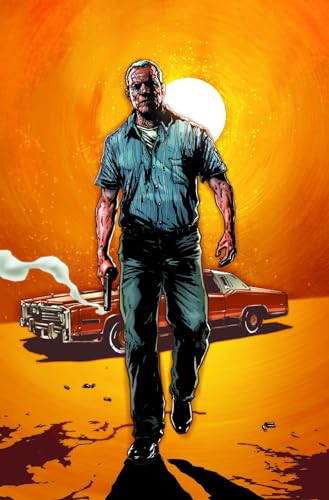 Man with gun stands before a car in a sunset landscape.