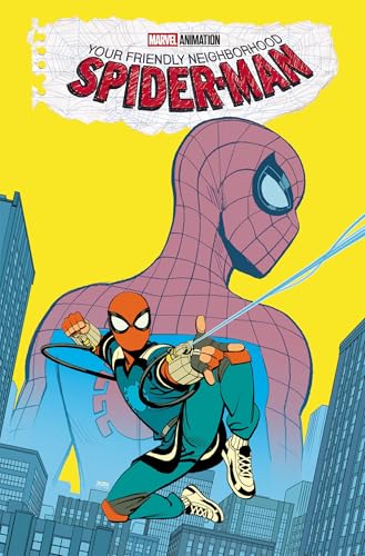 Spider-Man in red and blue suit swings from a yellow and gray cityscape.