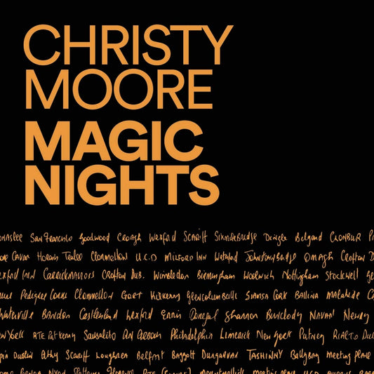 "Album cover with 'Christy Moore Magic Nights' in orange text on a black background."