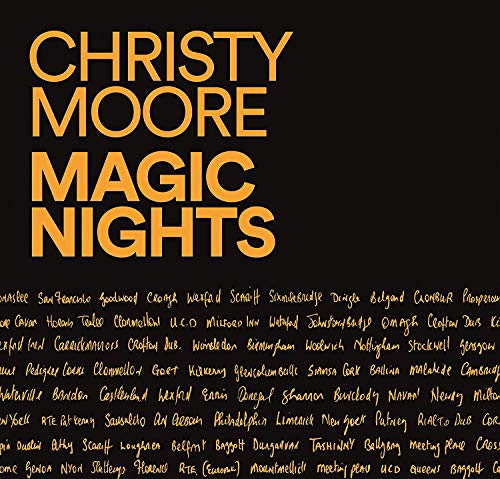 Christy Moore "Magic Nights" vinyl record cover, black background with gold text.