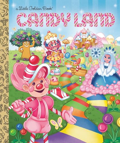 Candy Land book cover with colorful illustrations of whimsical characters and sweets.