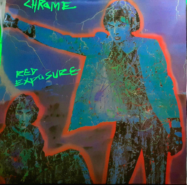 Album cover for Chrome’s “Red Exposure” featuring distorted figures in blue.