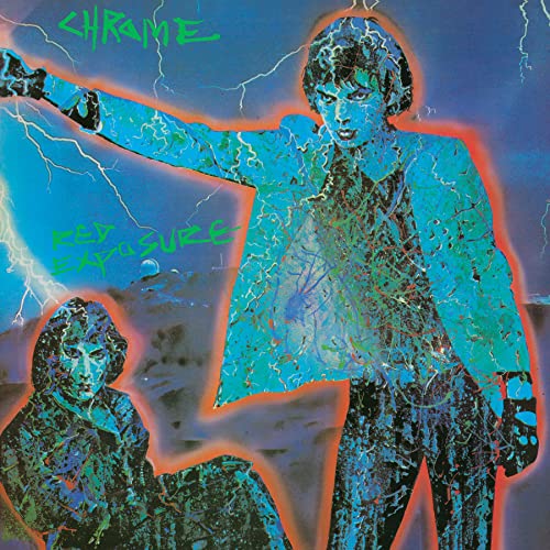 Album cover for Chrome’s “Red Exposure” featuring a blue, fractured portrait.