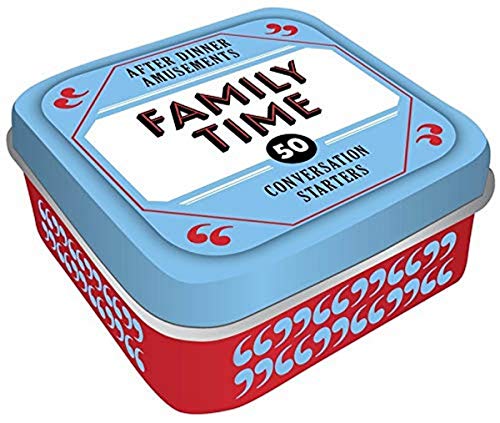 Red and blue tin box labeled "Family Time" with conversation starters.