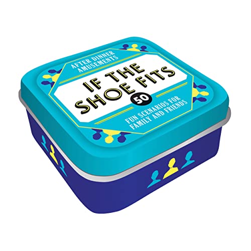 Blue tin box with text "If the Shoe Fits" and shoe illustrations.