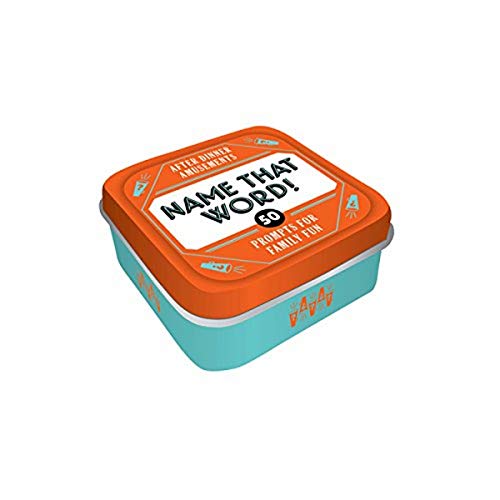 Small blue tin with an orange lid titled Name That Word! game.