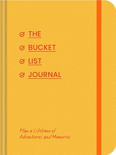 Yellow journal with red checklist and text, "The Bucket List Journal".