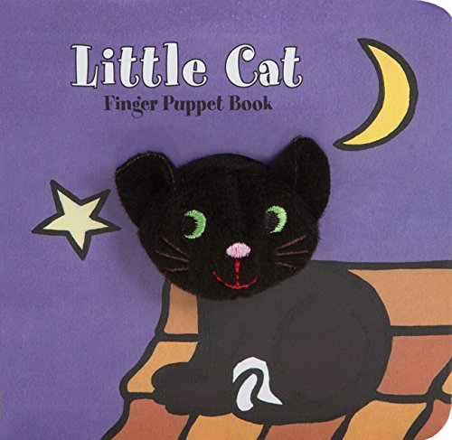 Little Cat finger puppet board book featuring a plush black cat on a roof.