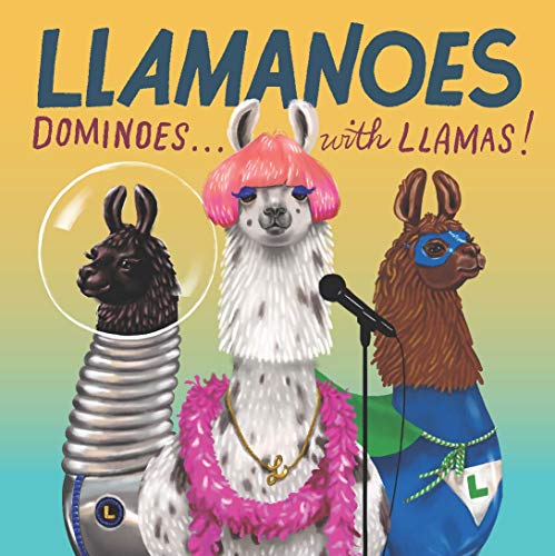 Llamas in costumes—astronaut, pop star, superhero—promoting a dominoes game.