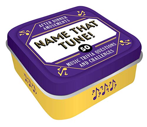 Yellow and purple tin box labeled "Name That Tune!" with musical notes.