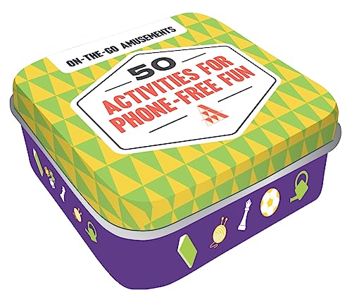 Colorful tin containing 50 activity cards for phone-free entertainment.