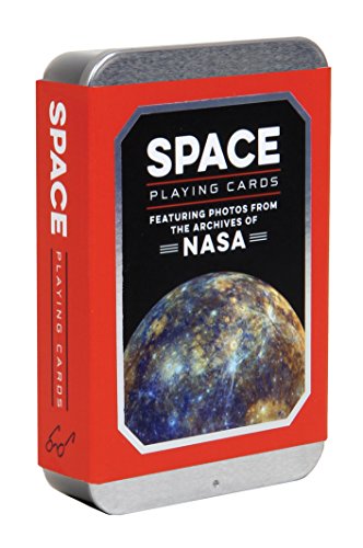 Red tin of "Space Playing Cards" with a planetary image.