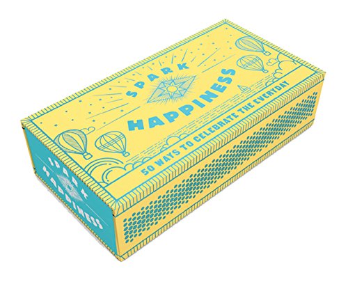 Yellow box with blue illustrations and text: "Spark Happiness," "50 Ways.