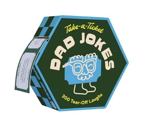 Hexagonal box of Take-a-Ticket Dad Jokes with a tear-off strip of paper tickets.