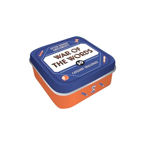 Orange and blue tin containing a word game with category challenges.