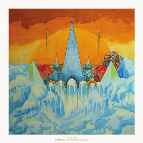 Fantasy city illustration with blue spires and golden sun, watercolor style.