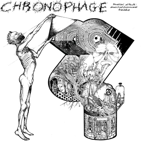 Black and white illustration of a skeletal figure and surreal imagery.