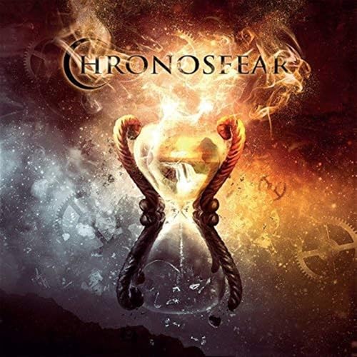 CD cover with hourglass, gears, and fiery, cosmic background.